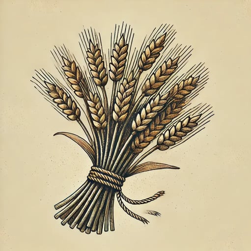 DALL·E 2024-09-02 16.29.10 - A detailed illustration of sheaves of wheat, drawn in a rustic, hand-drawn style. The wheat stalks should be golden with intricate detailing, bundled
